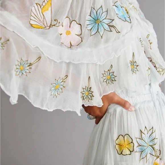 Free People Fillyboo Sweet Pea Tambourine Maxi Dress Off The Shoulder Gray Blue - Picture 3 of 6